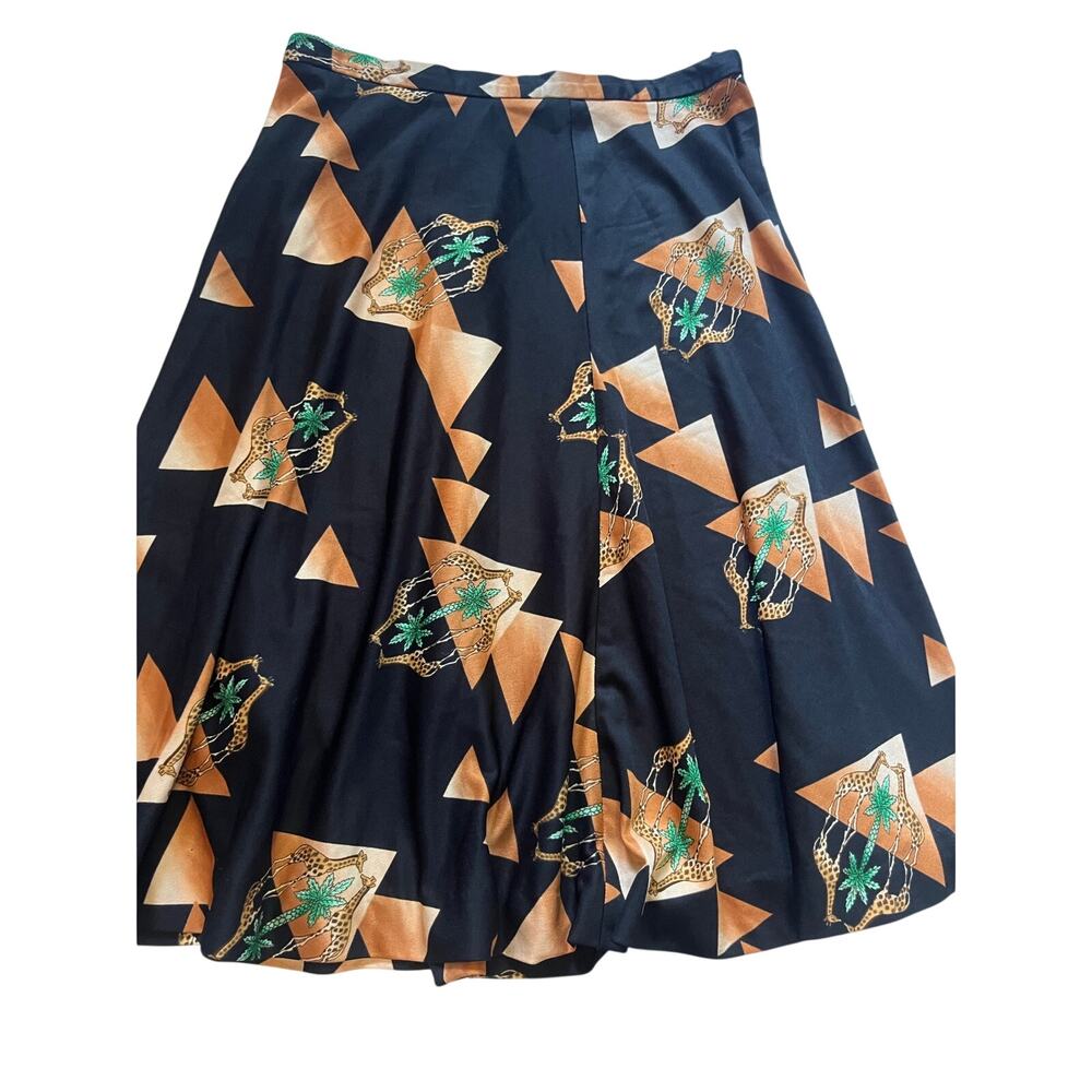 Vintage 70s Novelty Print Midi Skirt Giraffe Pyramid Palm Tree Black Small 27" W